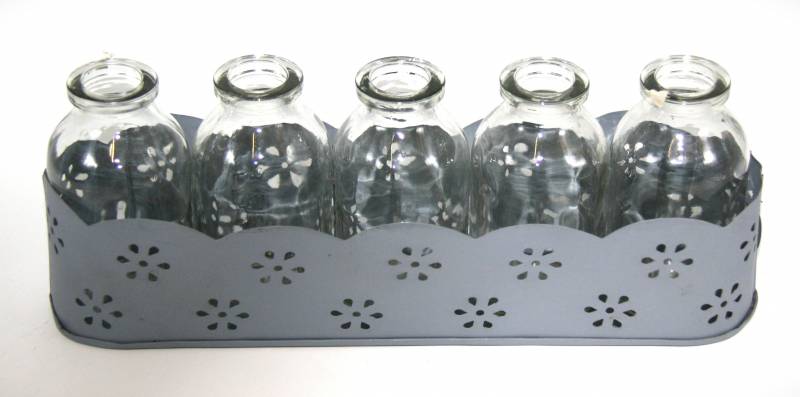 Tablett mit 5 Blumenvasen in Flaschenform